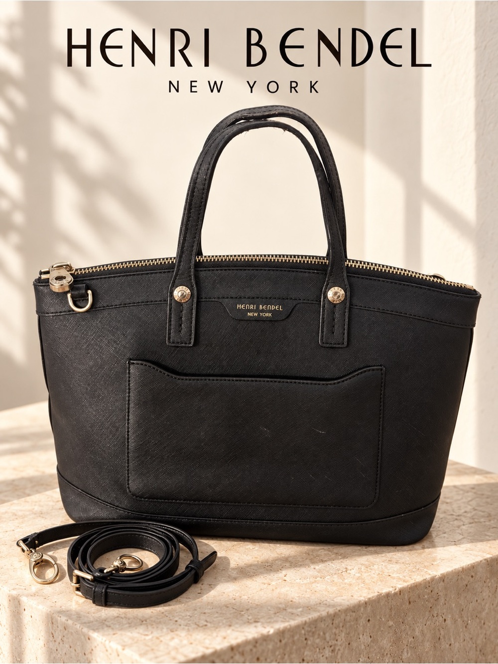 VGUC Henri Bendel West 57th Black Saffiano Leather Satchel Bag Crossbody Gold HW